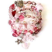 Pink beaded bracelet memory wire handmade