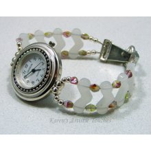 Pink White Glass Beaded Watch Bracelet Magnetic Clasp