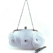 Pleated rosette evening bag clutch with rhinestone accents