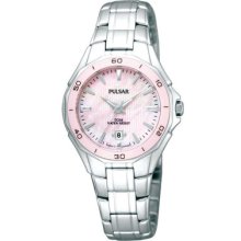 Pulsar Ceramic Steel Pink Ladies Mother Of Pearl Watch Pxt899