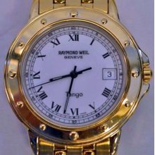 Raymond Weil Tango Date Men's Gold Watch Gold Strap White Dial 5560 Light Use