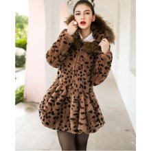 Real Rabbit Fur Long Leopard Slim Jackets Coat With Hoody Qd21272