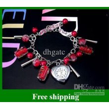 Red Glass Fashion Bracelets Watch Charm Quartz Women Dress Wristwatc