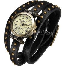 Retro Bronze Leather Rivet Stud Leather Strap Bracelet Quartz Dial Wrist Watch