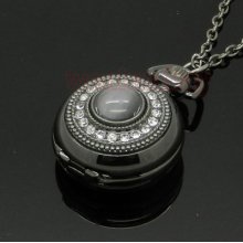 Retro Cat Eye Round Crystal Mirror Necklace Quartz Pocket Watch Womens Gift P35