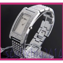 Retro Luxury Rhinestone Rectangular Women Bangle Bracelet Quartz Wrist Watch