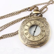 Retro Roman Numerals Carved Pocket Watch Necklace Quartz Movement