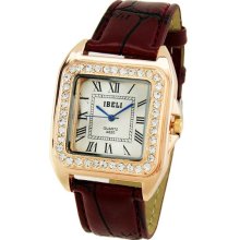 Retro Square Stainless Steel Crystal Inlayed Leather Band Women's Watch (Brown) - Metal - Brown