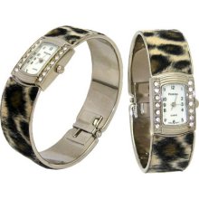 Rhinestone Ladies Leopard/Cheetah Faux Fur Watch Silver Bangle/Cuff