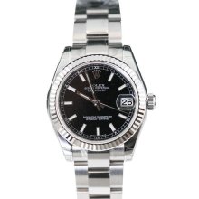 Rolex Datejust 31MM Oyster Stainless Steel Fluted White Gold Bezel Black Lady's Timepiece - 178274