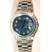 Rolex Datejust Men's Model with Custom Blue Mother of Pearl Diamond Dial, Stunning Custom Diamond Bezel, and White Gold Pave Diamond Band - AMAZING!