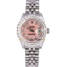 Rolex Ladys New Style Heavy Band Stainless Steel Datejust Model 179174 Jubilee Band Custom Added Pink Diamond Dial & 2Ct Diamond Bezel