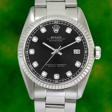 Rolex Mens Diamond Datejust Ss Stainless Steel Oyster Perpetual Black Date Watch