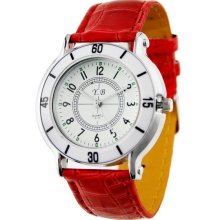 Round Dial PU Leather Band Quartz Wrist Watch (Red) - Metal - Red