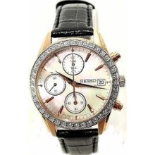 Seiko Chronograph Mother Of Pearl Black Leather Strap Ladies Watch S