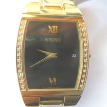 Seiko Diamond Men's Square Black Dial Gold Tone Dress Quartz Watch Skp322