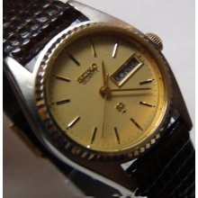 Seiko Ladies Quartz Gold Coin Bezel Dual Calendar Watch w/ Lizard Strap