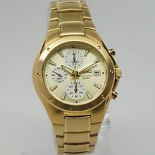 Seiko Snd586 Men's Chronograph Date Champaine Dial Goldtone Stainless Steel Watc