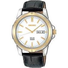 Seiko SNE104 Men's White Dial Leather Strap Solar Powered Watch ...