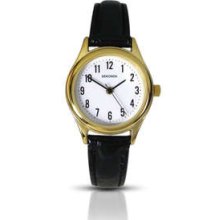 Sekonda Ladies Watch 4493 Gold Plate Black Leather Strap Rrp Â£19.99