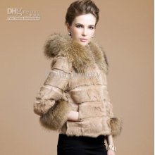 Short Model Beige Rabbit Skin Fur Coat Stripe With Hood Raccoon Fur