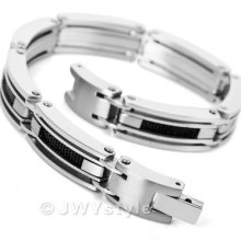 Silver Black Carbon Fiber Stainless Steel Men Bangle Bracelet Xb0019