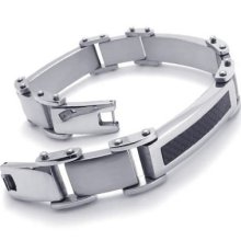 Silver Black Tone Carbon Stainless Steel Link Men's Bracelet Bangle 9