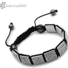 Silver Color Unisex Czech Stone Crystal Square Shamballa Bracelet L: Adjustable,