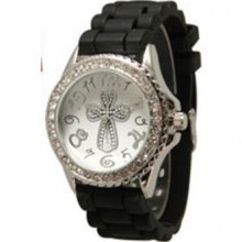 Silver Cross Black Silicone Crystal Rim Watch