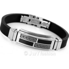 Silver Greek Stainless Steel Black Rubber Men Wrist Chain Bangle Bracelet Xb0014