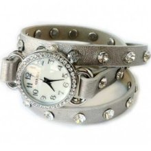 Silver Leather Clear Crystal Studded Wrap Watch