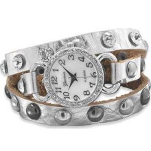 Silver Leather Fashion Crystal & Studded Wrap Watch