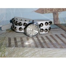 Silver Leather Wrap Watch with White Leather and Silver Studs