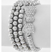 Silver Tone Bead Clear Rhinestone Bow 4 Piece Stretch Bracelet Set