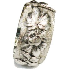 Silver Tone Metal Floral Repousee Hinged Clamper Cuff Bracelet