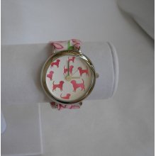 Silver Wristlet Watch with Pink Dogs and Lilly Pulitzer Pink Daisy Signature Fabric Band