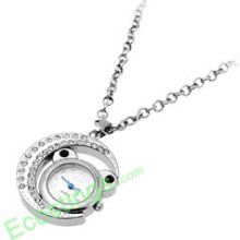 Simulated Crystal Fairy Cat Moon Pendant Necklace + Quartz Watch