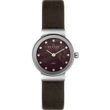 Skagen Crystal Accented Brown Leather Ladies Watch 358xssld Fast Shipping