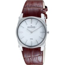 Skagen Denmark Mens Silver Dial Stainless Steel Case Brown Leather Strap Watch