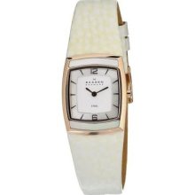 Skagen Women's 855srlw Denmark White Leather & Mother-of-pearl Dial Inlay Watch