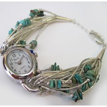 Southwest Sterling Liquid Silver & Green Turquoise Bracelet Watch