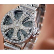 Spinning Wheel Hip Hop Bling Silver Spinner Mens Watch