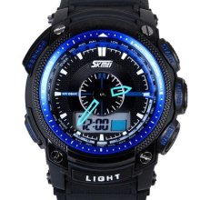 Sport Dual Time Round Analog Blue Digital Watch Waterproof Unisex Men Women