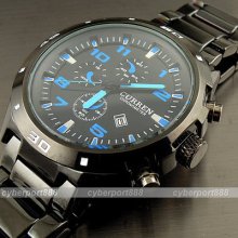 Sport Water Quartz Hours Date Hand Blue Dial Clock Men Steel Wrist Watch Wg151