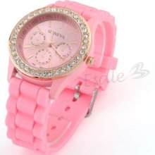 Sports Quartz Round Dial Wrist Watch Wristwatch Pink Silicone Watchband Women