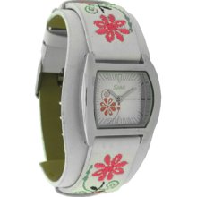 Sprit Ladies Watch Floral White Design Boxed Gift Faux Leather And Fabric Strap.