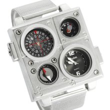 Square Quartz Compass Analog Sub-dial Unisex Wrist Watch Stainless Steel Men's