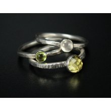 Stacking Green and Yellow Gemstone Rings, set of 3 - Peridot, Moonstone and Lemon Quartz