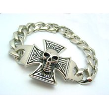 Stainless Steel 316l Mens Biker Skull Cross Cuban Curb Link Bracelet Us Seller