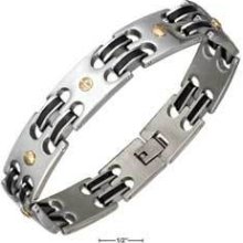 Stainless Steel 8-1/2 Inch Black Link With Gold Tone Screws Bracelet